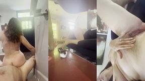 the localbunny on the stairs, couch and the garage with the door open