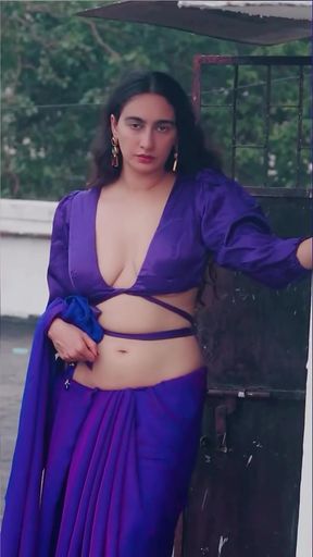 Slim Indian GF poses professionally in a purple sari