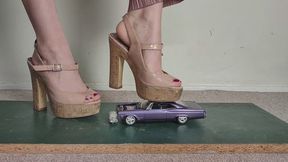 Giantess Lily Kink toy car crush of a 1965 Chevrolet Impala in big chunky heels Close ground view
