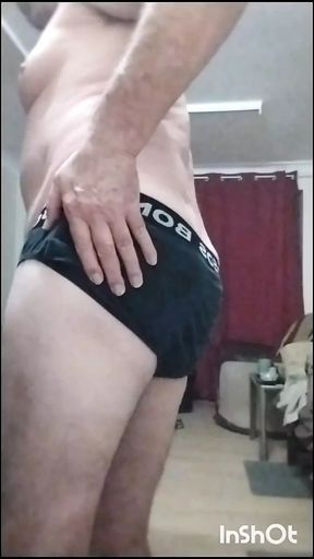 Older guy taking off his jeans and jocks cos he wants to feel his cock in the night air. Shakin&#039; his slackie