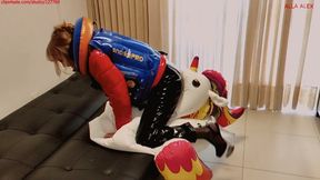 Alla deflates the inflatable unicorn by opening all the air valves