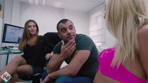 hot euro chicks enjoy a wild anal threesome in the killergram office