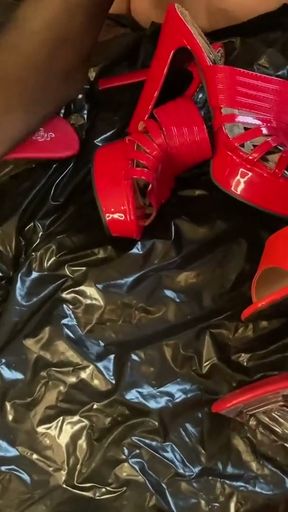 Eight pairs of red high heel mules in one session   Clip 2