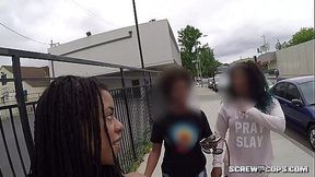 Ebony babe gets caught giving public blowjob to cop!