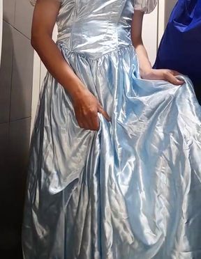 Crossdresser Cum Wearing Elegant Satin Ball Gown
