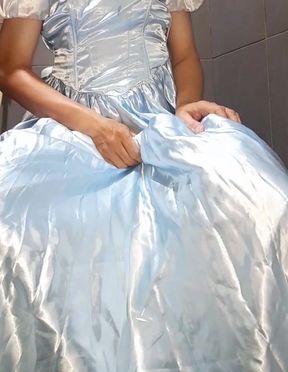 Crossdresser Cum Wearing Elegant Satin Ball Gown