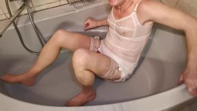 sissy slut takes a bath in white erotic ladies lingerie and then ejaculates in nylons