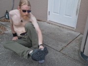 Stripping nude and stroking cock outside before work