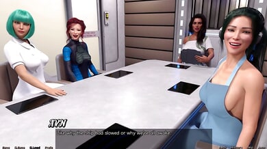 Curvy green-haired mistress initiates her young apprentice in a futuristic anime world