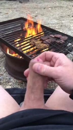 Cooking Food &amp; Jerking By The Campfire, Cumming All Over My Meat, Then Pissed On The Fire To Put Out