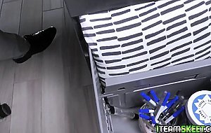 Brunette babe sucking a huge man meat deep down her throat