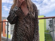 Smoking on the balcony in my leopard PJs