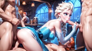 Elsa takes strangers deep in her throat and tight ass double penetration creampie