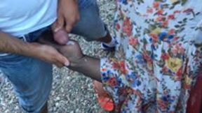 Car ride with nylon feet and wedge heels got cum all over them