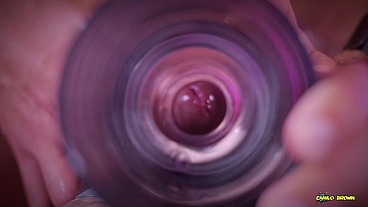 Closeup view from inside my fake pussy while I fuck it slow and passionate until I shoot a big load. Cum inside fleshlight - Camilo Brown