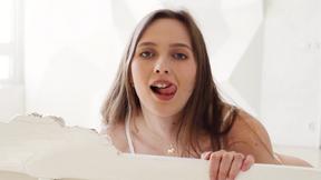 ”Satisfying natural tits brunette teen model Stacy Cruz posing all in white”