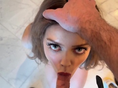 Beautiful babe strips naked and provides blowjob service