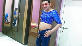Cute sissy crossdresser femboy Sweet Lollipop in a denim jeans, crop top, sunglasses and flip-flop.