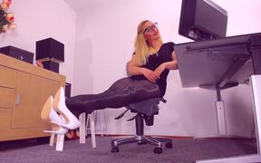 616. White Stiletto Heels Dangling, MILF Secretary in Black Pantyhose, Classy Shiny Nylon Fetish, Shiny Pantyhoses