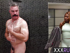 Charles Dera massages and fucks a black teen with a big ass in a quick shower