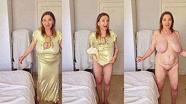 Gilden age GILF in golden dress undressing