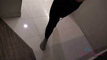 Ravishing brunette is offering her shaved pussy to a wealthy man, in his hotel room