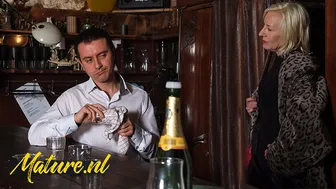 Blonde mature seduces bartender for rough anal and deep throat action
