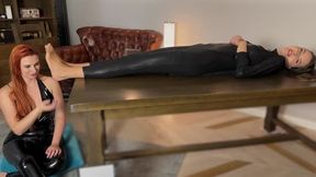Stella Lies On Her Back In Black Suit And Weronika Tickle And Lick Her Feet In Tan Pantyhose - Tickling Part