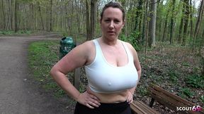 german curvy mature wife in leggings talk to public risky blowjob to stranger boy at jogging and swallow cum