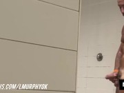 Soccer player masturbates in public showers, gets hard, and fucks me hard