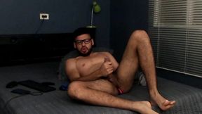 Slim Guy with Beard and Glasses Plays with His Cock