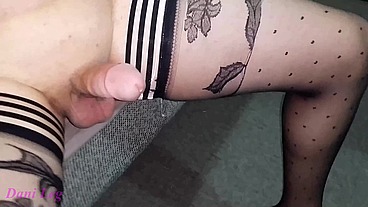 Black Patterned Stay Up Stockings on Curvy Legs