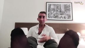 Step Dad in Sheer Black Socks jerks thick white cock for worshipping feet