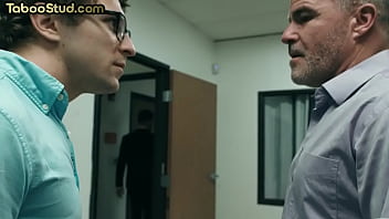 Office colleagues in bareback 3some action with DILF