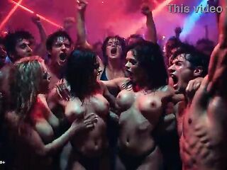 [AI-generated] Red Glow Intimate Club Rave – Go-Go Dancers, Topless DJ, Flying Large Bazookas & Crimson Heat Chaos – Rhythm & Skin