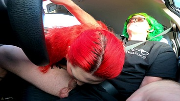 MtF Asian American redhead shemale cum slut ImpregnableLexa gives her Daddy Dominant road head before inserting electric shock anal plug