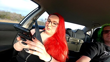 MtF Asian American redhead shemale cum slut ImpregnableLexa gives her Daddy Dominant road head before inserting electric shock anal plug
