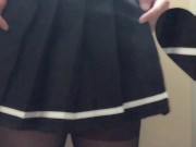 【野外・トイレ】ミニスカタイツ男の娘が穴空きコンドームにローターを入れて手を使わずにオナニー＆ビクビク射精しちゃう【女装コスプレレイヤー】