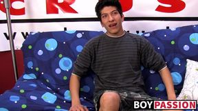 Interviewed young twink jerks off his big dick and cums