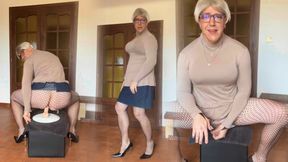 In outfit with my dildo to end up cumming.