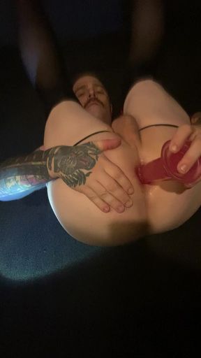 Cross dressing submissive bottom moans while using hot pink dildo to fuck his boy pussy into submission like a Slut