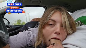 Curvy blonde beauty gives amazing BJ and rides big cock in public