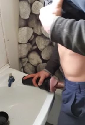 Farm hunk on break pounds fleshlight on bathroom sink till cum