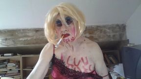 Femboi fag whore Sarah writes on her body, smokes, fingers her hole, and wanks to cumshot