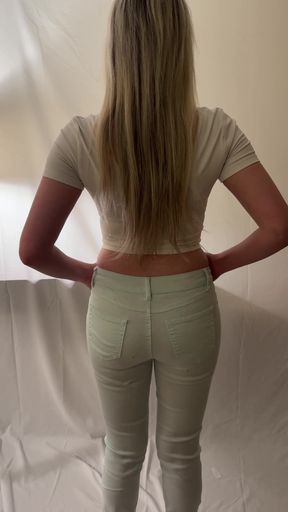 Amateur GF rides cock in sexy blue jeans