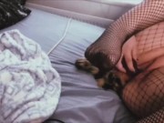 puppy playing w/ himself in his fishnets !!