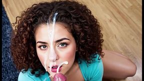 beautiful busty chick gets loads of facial from her small dick bf. cumshot load on face. handjob cum. (ai generated)