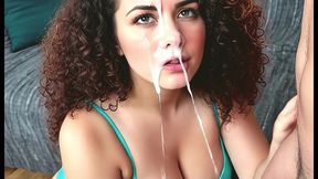 beautiful busty chick gets loads of facial from her small dick bf. cumshot load on face. handjob cum. (ai generated)
