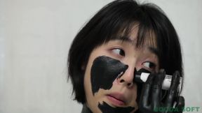 Wet and messy colored in black, Asian girl shows u all the parts of her painted body