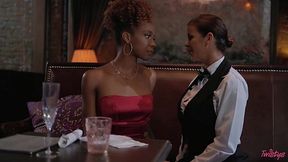 Naughty rich lesbians Alexis Fawx and Lacey London share a night in the restaurant